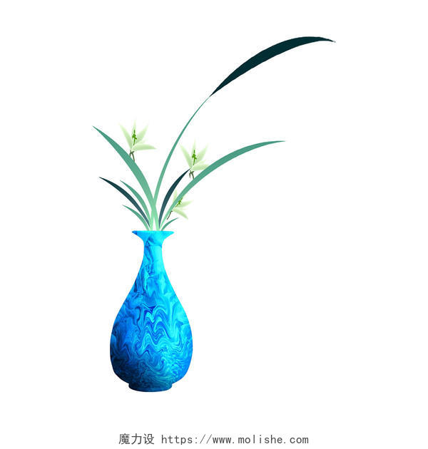 蓝色手绘卡通兰花花瓶瓷器惊蛰元素PNG素材